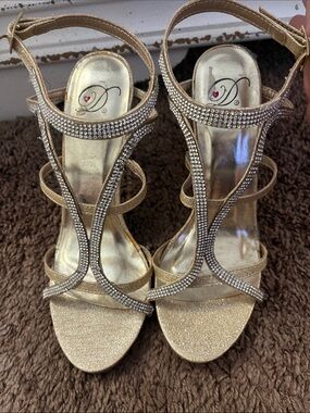 Delicious Metallic Gold Rhinestone T-Strap Heels